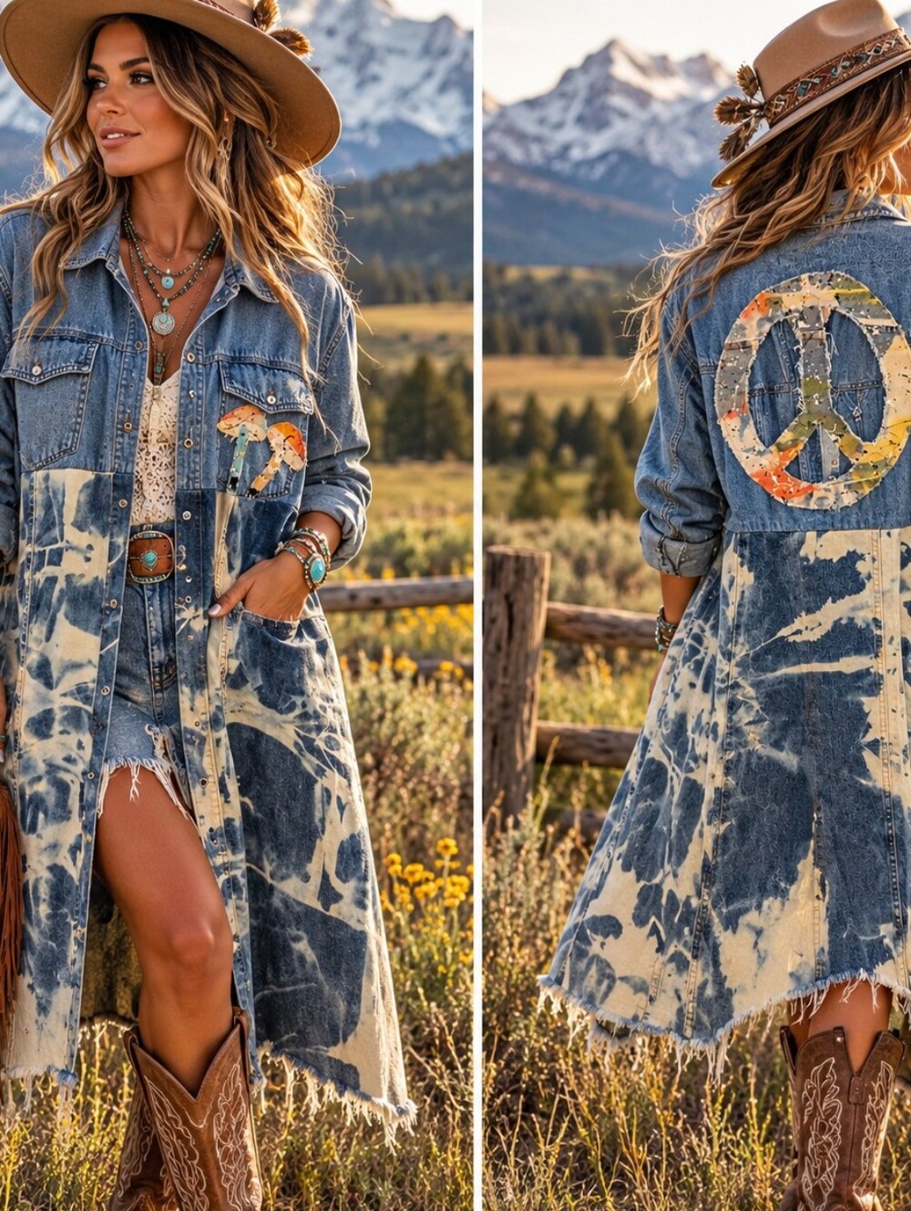 Free People X Tricia Fix Rare Peace Sign Denim Duster NWOT